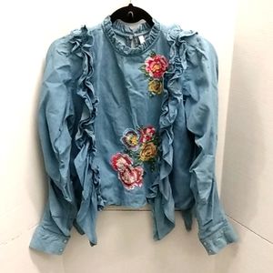 Zara Trafaluc Denimwear Embroidered Top Small